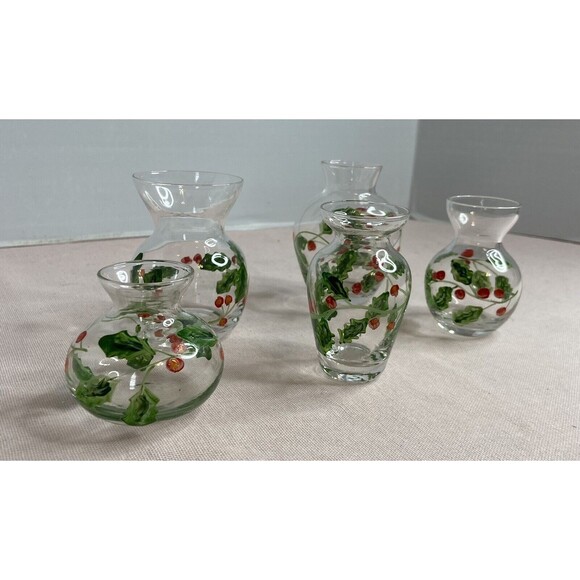 HAND PAINTED GLASS , CLEAR MINI VASES. 5 ITEMS IN THE SET.  VINES & BERRIES. - Picture 6 of 10